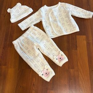 Cream and Pink Bear Print Baby Pajama Set - 3 Piece